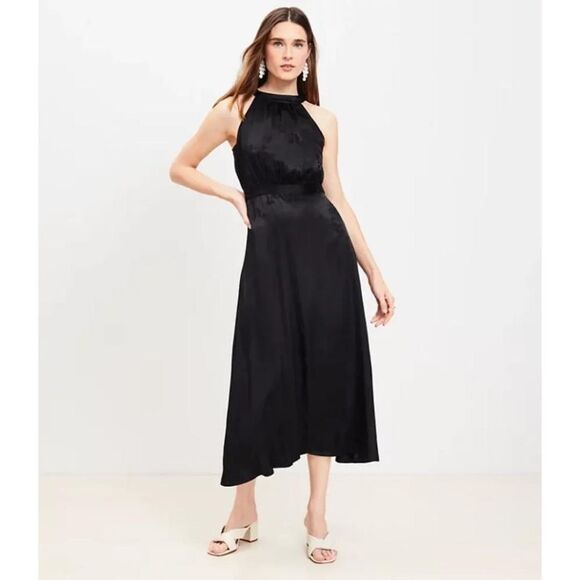 LOFT Satin Jacquard Halter Midi Dress NEW - Picture 1 of 8